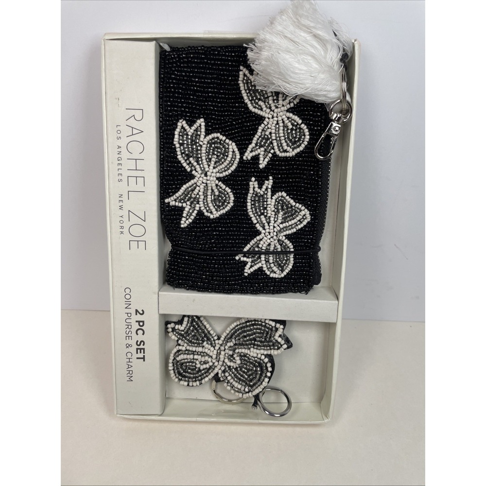 Rachel Zoe Black & Silver Wht Beaded Bow Coin Purse & Handbag Charm Gift Set NWT - Picture 4 of 5